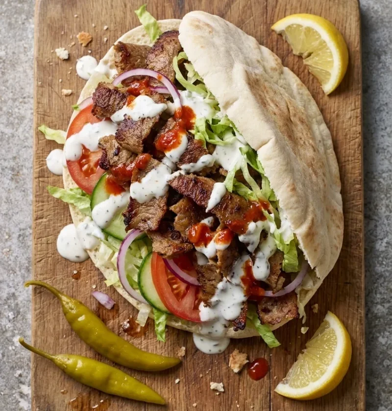 Hairy Bikers lamb doner kebab in an open pitta with browned lamb, fresh salad, garlic yoghurt sauce and chilli sauce