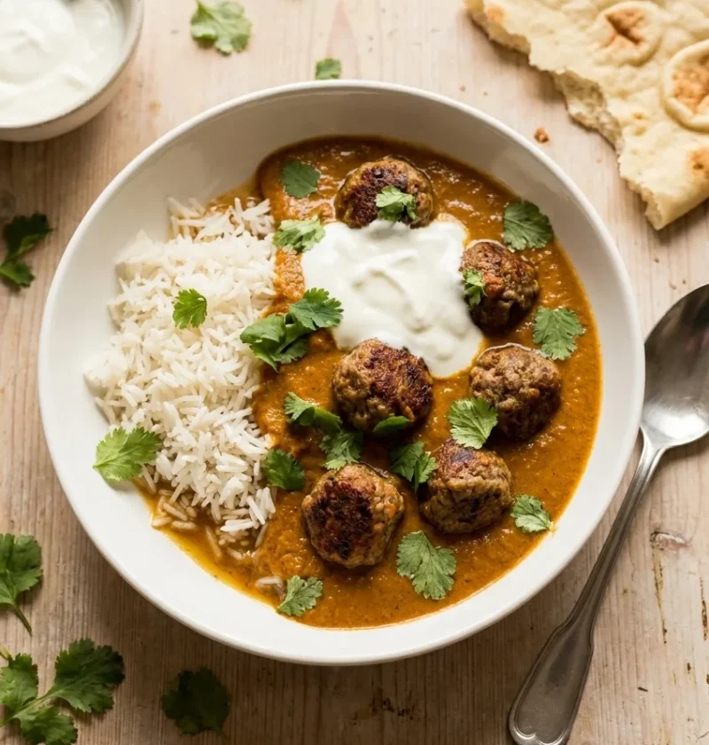 Lamb kofta curry in smooth velvety sauce with basmati rice yoghurt and coriander in a white bowl