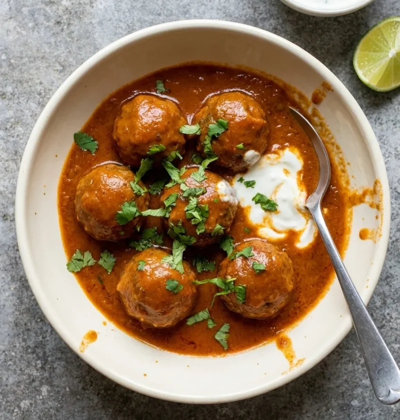 Hairy Bikers lamb kofta curry with round lamb meatballs in a smooth spiced tomato sauce topped with yoghurt and coriander