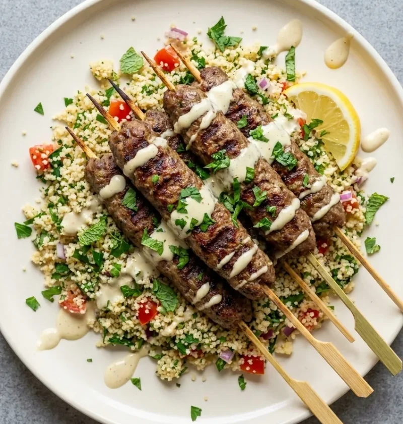 Hairy Bikers lamb kofta skewers on herby couscous drizzled with saffron tahini yoghurt dressing