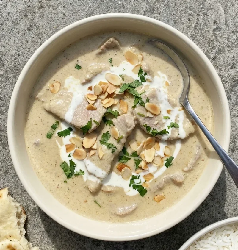 Hairy Bikers lamb pasanda, a mild creamy curry with tender lamb in an almond sauce topped with flaked almonds and coriander