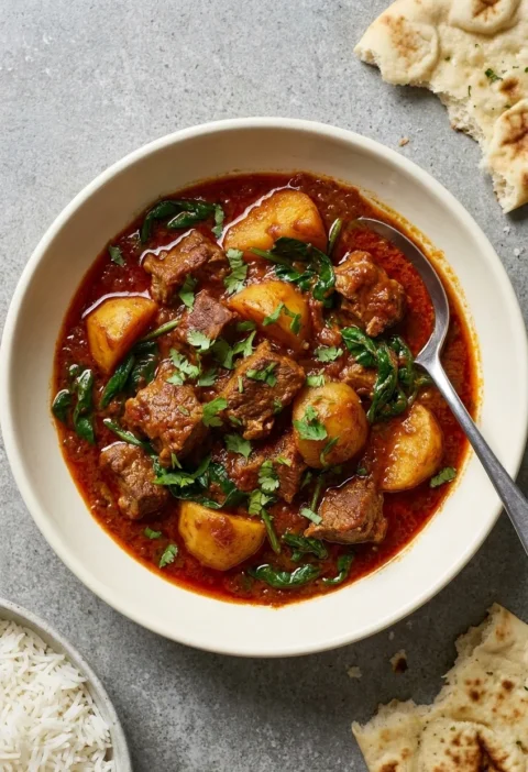 Hairy Bikers lamb rogan josh with tender lamb, potato and spinach in a deep red kashmiri chilli sauce topped with coriander