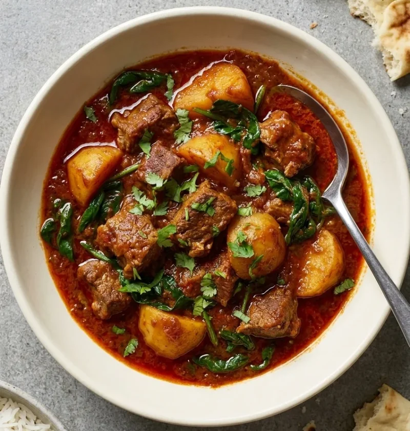 Hairy Bikers lamb rogan josh with tender lamb, potato and spinach in a deep red kashmiri chilli sauce topped with coriander