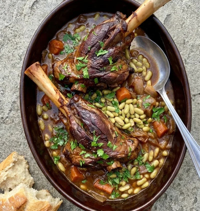 Braised lamb shanks with flageolet beans, carrots and parsley in a dark casserole dish
