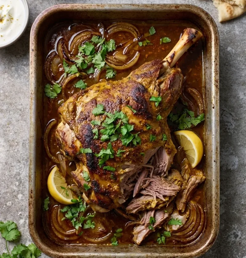 Slow roast lamb shoulder with Indian spiced yoghurt crust, pulled meat, caramelised onions and coriander in a roasting tin