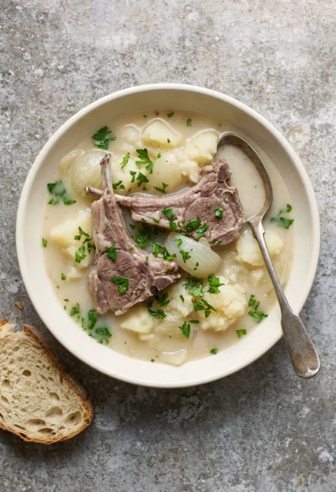 Traditional Irish lamb stew with bone-in lamb chops, potatoes and onions in a pale broth with parsley