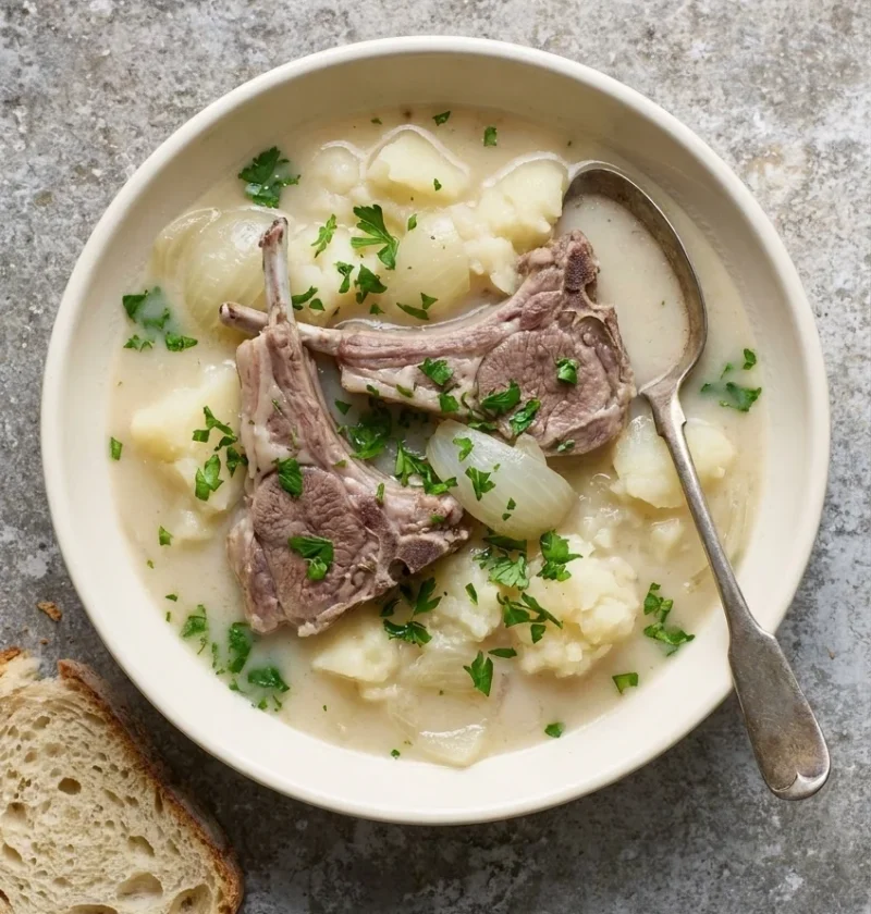 Traditional Irish lamb stew with bone-in lamb chops, potatoes and onions in a pale broth with parsley