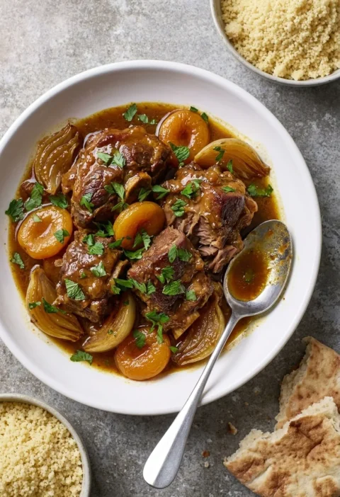 Lamb tagine with tender chunks of lamb, apricots, onion wedges and saffron sauce garnished with parsley and mint