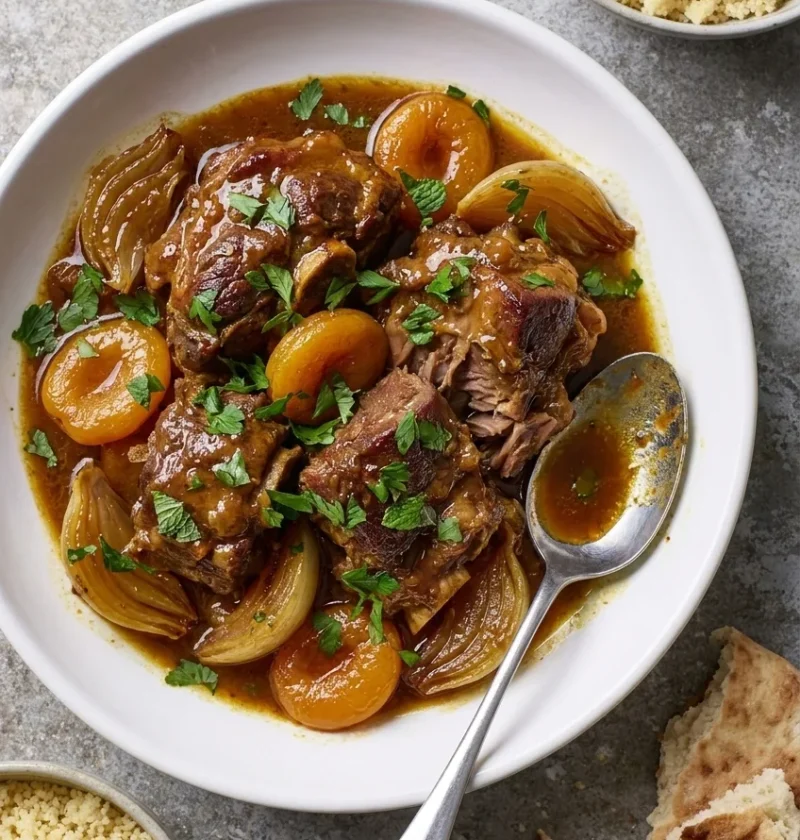 Lamb tagine with tender chunks of lamb, apricots, onion wedges and saffron sauce garnished with parsley and mint