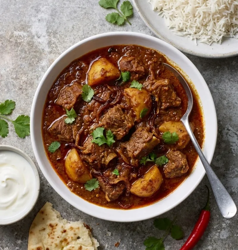 Lamb vindaloo curry with chunks of lamb and potato in a dark spiced sauce served with rice, naan and yoghurt