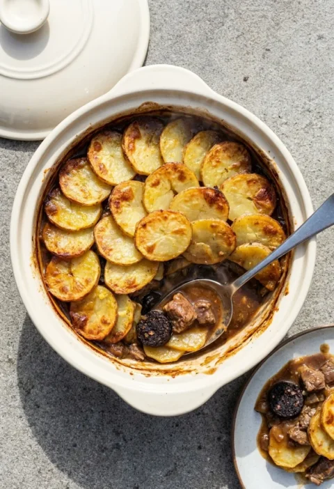 Lancashire hotpot with golden crispy potato top and a portion scooped out showing lamb, black pudding and gravy layers