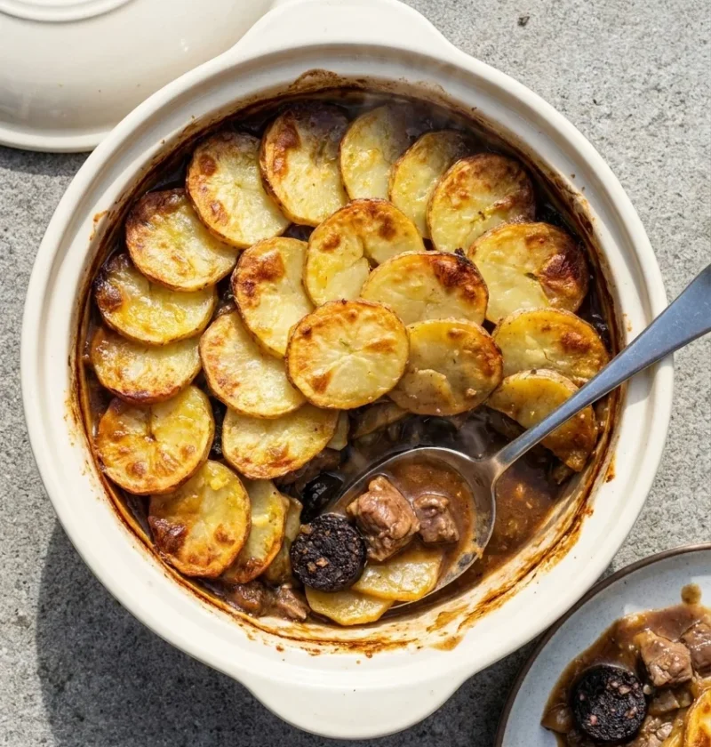 Lancashire hotpot with golden crispy potato top and a portion scooped out showing lamb, black pudding and gravy layers