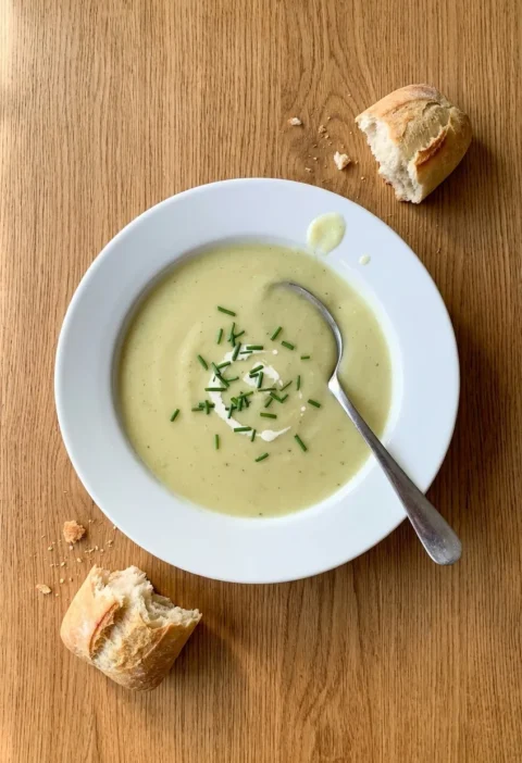 Smooth leek and potato soup with snipped chives and a swirl of milk in a white bowl on a wood table