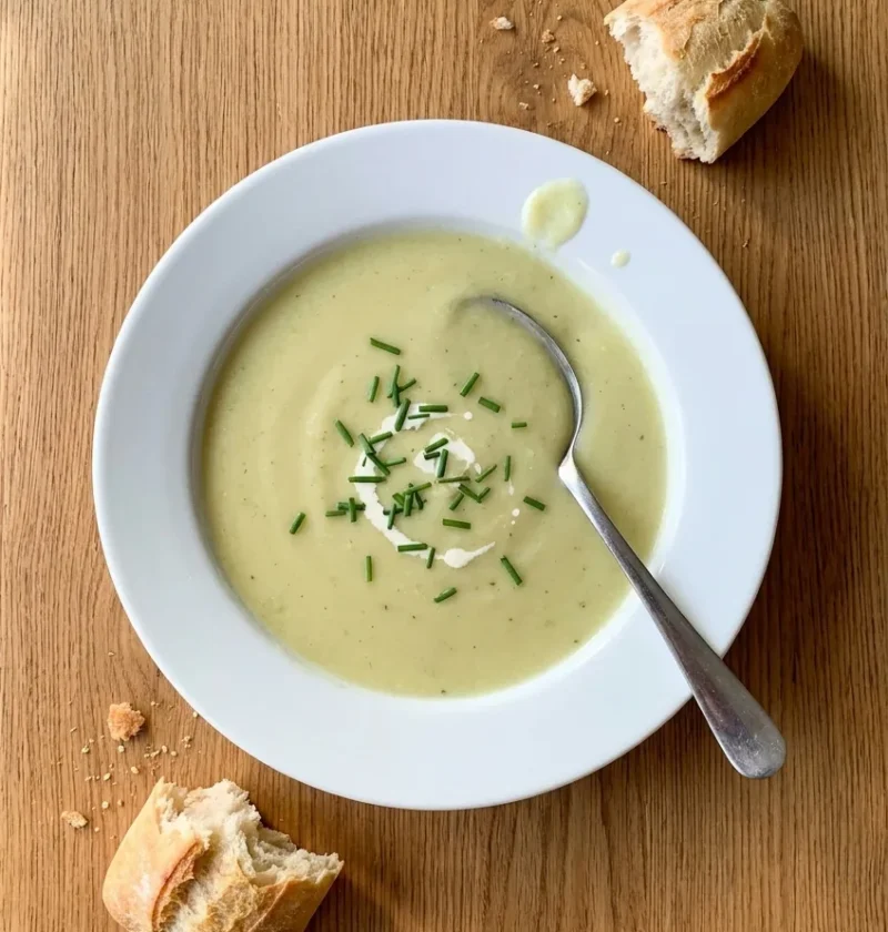 Smooth leek and potato soup with snipped chives and a swirl of milk in a white bowl on a wood table