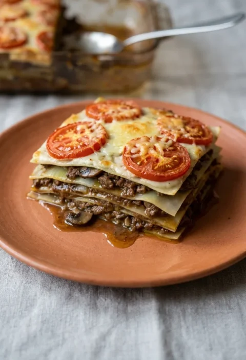 Leek lasagne with blanched leek sheets beef ragu mushrooms vine tomatoes and melted cheese on a terracotta plate