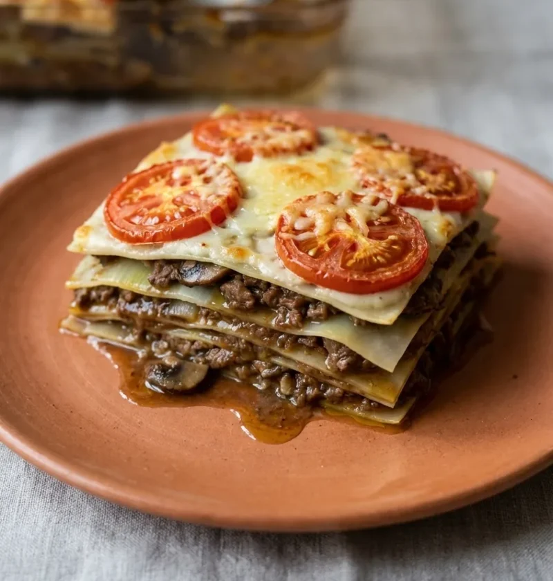 Leek lasagne with blanched leek sheets beef ragu mushrooms vine tomatoes and melted cheese on a terracotta plate