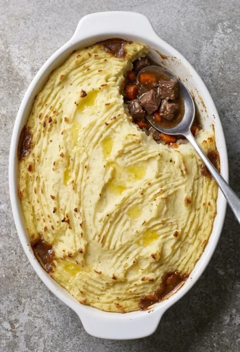 Leftover lamb shepherd pie with fork-lined mash topping and chunky diced roast meat filling
