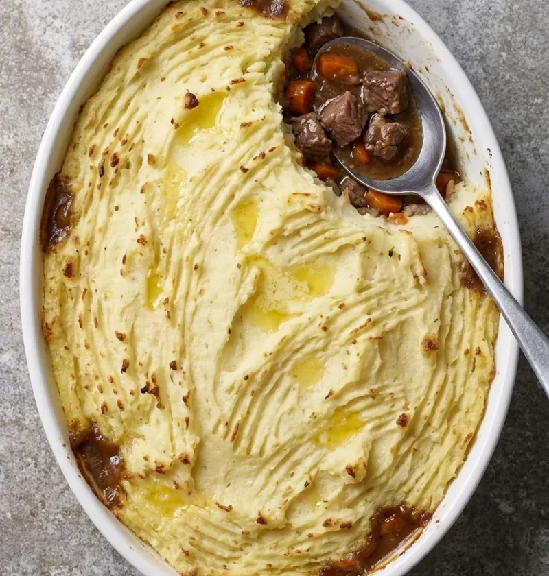 Leftover lamb shepherd pie with fork-lined mash topping and chunky diced roast meat filling