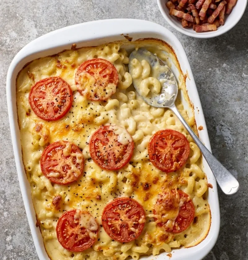 Baked macaroni cheese with sliced tomatoes and melted Cheddar on top in a white ceramic dish