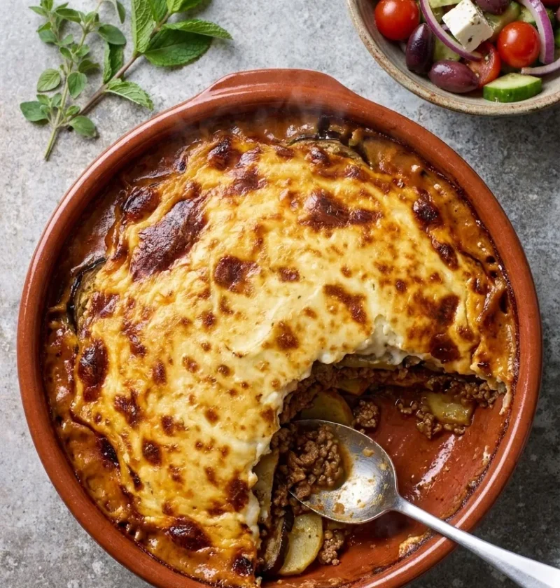 Hairy Bikers moussaka in a terracotta dish with golden Parmesan bechamel top and a portion scooped out showing layers of lamb, potato and aubergine