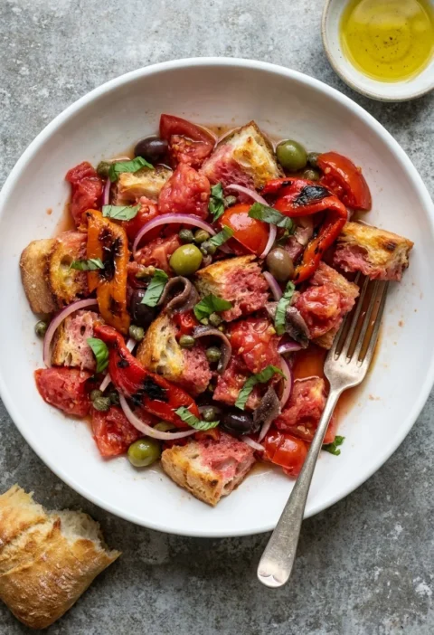 Panzanella bread salad with roasted ciabatta, tomatoes, charred peppers, olives, capers and basil in a white bowl