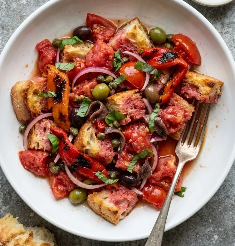 Panzanella bread salad with roasted ciabatta, tomatoes, charred peppers, olives, capers and basil in a white bowl