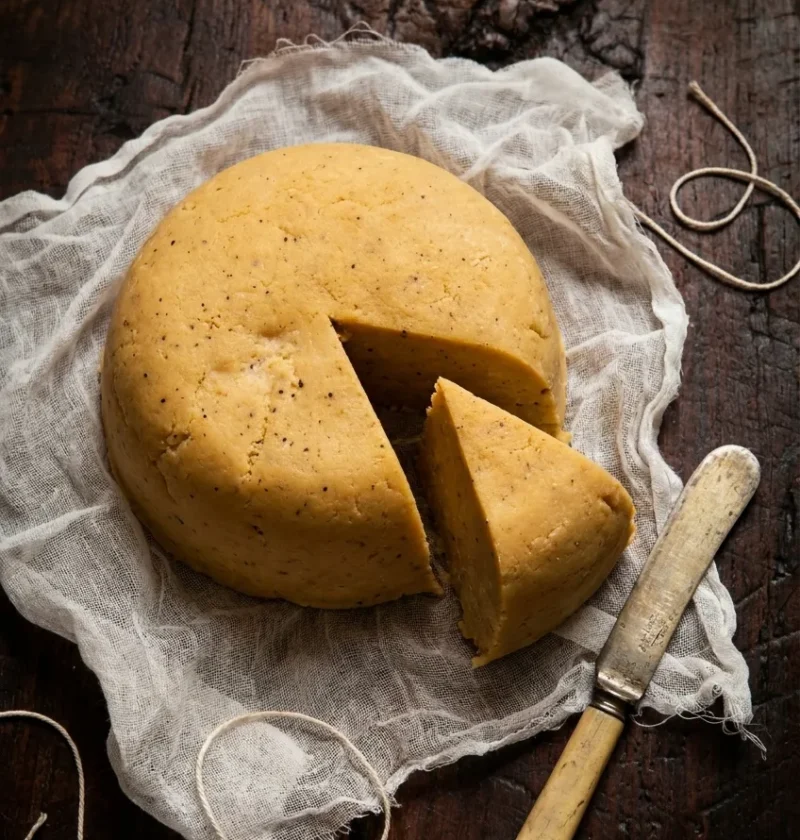 Pease pudding dome with wedge cut on muslin cloth showing dense golden yellow interior with pepper flecks
