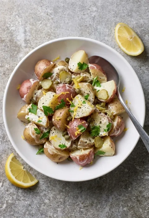 Potato salad with new potatoes in a mayo and creme fraiche dressing with capers, gherkins, lemon zest and parsley