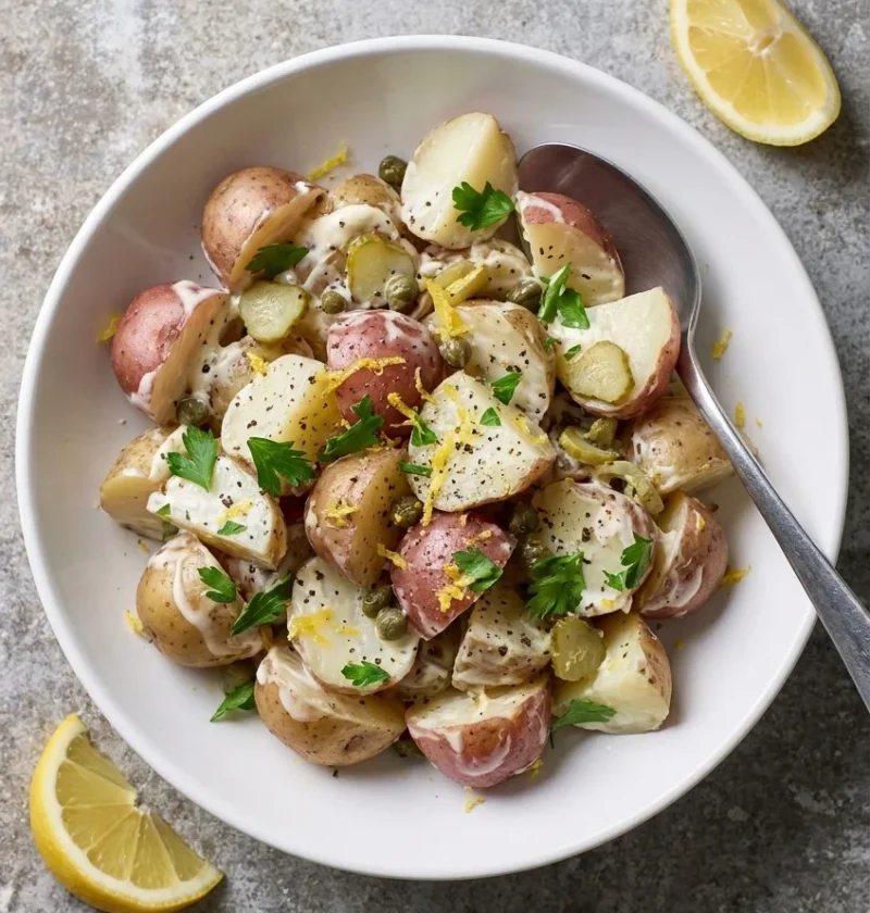 Potato salad with new potatoes in a mayo and creme fraiche dressing with capers, gherkins, lemon zest and parsley