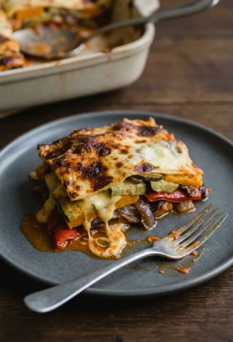 Slice of roasted vegetable lasagne with peppers squash courgettes and bechamel on a dark plate