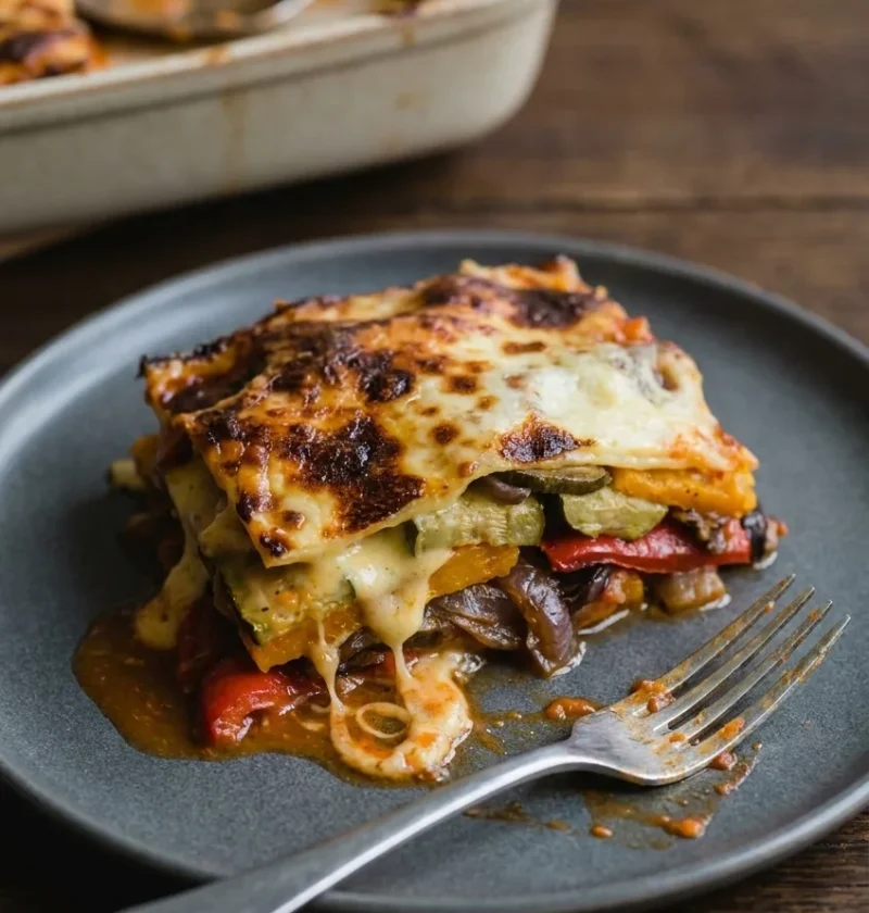 Slice of roasted vegetable lasagne with peppers squash courgettes and bechamel on a dark plate