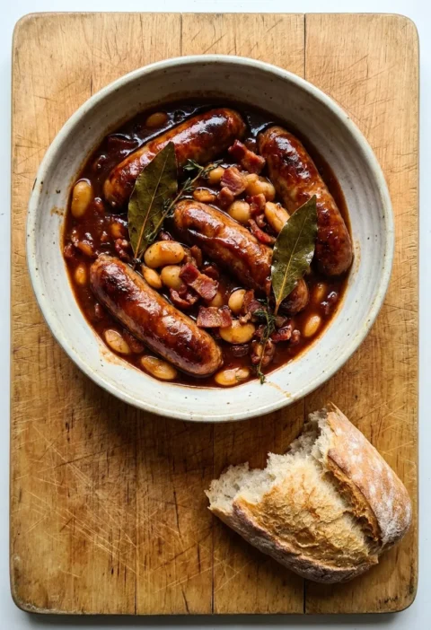 Hairy Bikers sausage casserole with browned pork sausages, bacon, and butter beans in a dark muscovado tomato sauce