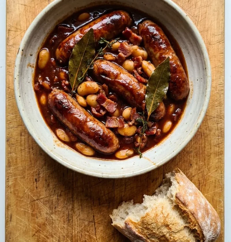Hairy Bikers sausage casserole with browned pork sausages, bacon, and butter beans in a dark muscovado tomato sauce