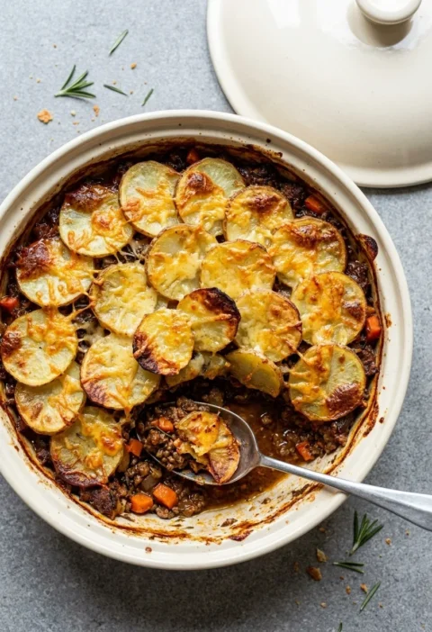 One-pot shepherd pie with crispy sliced potato and melted Cheddar topping over lamb mince filling