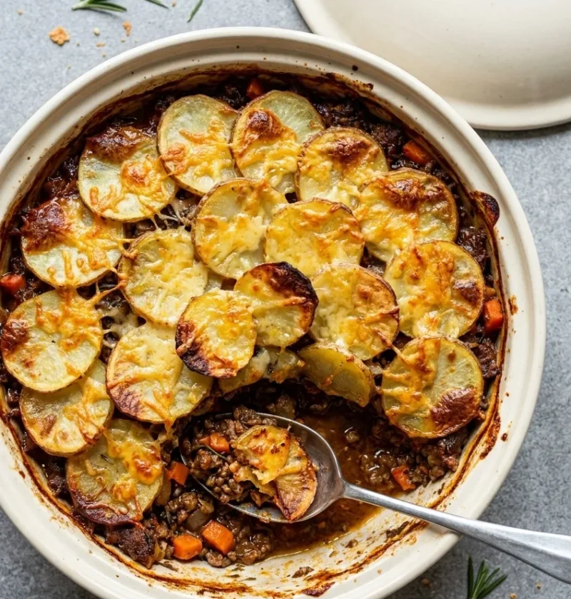 One-pot shepherd pie with crispy sliced potato and melted Cheddar topping over lamb mince filling