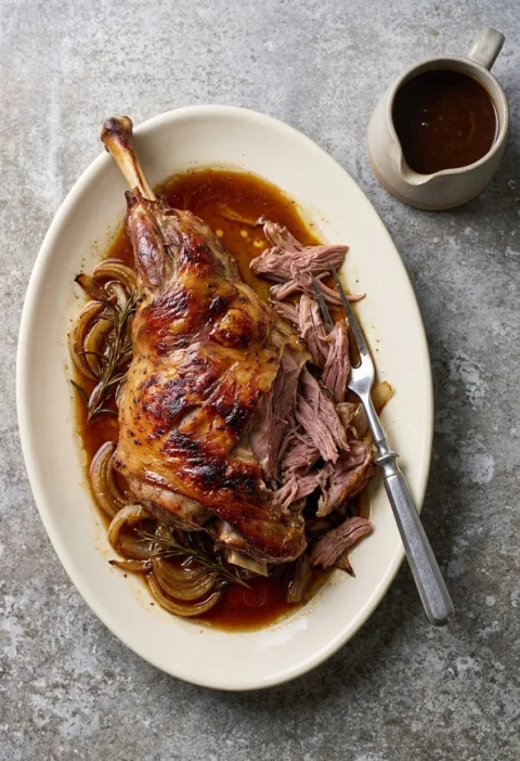 Slow roast leg of lamb with crispy skin and pulled meat on a platter with onions, rosemary and gravy