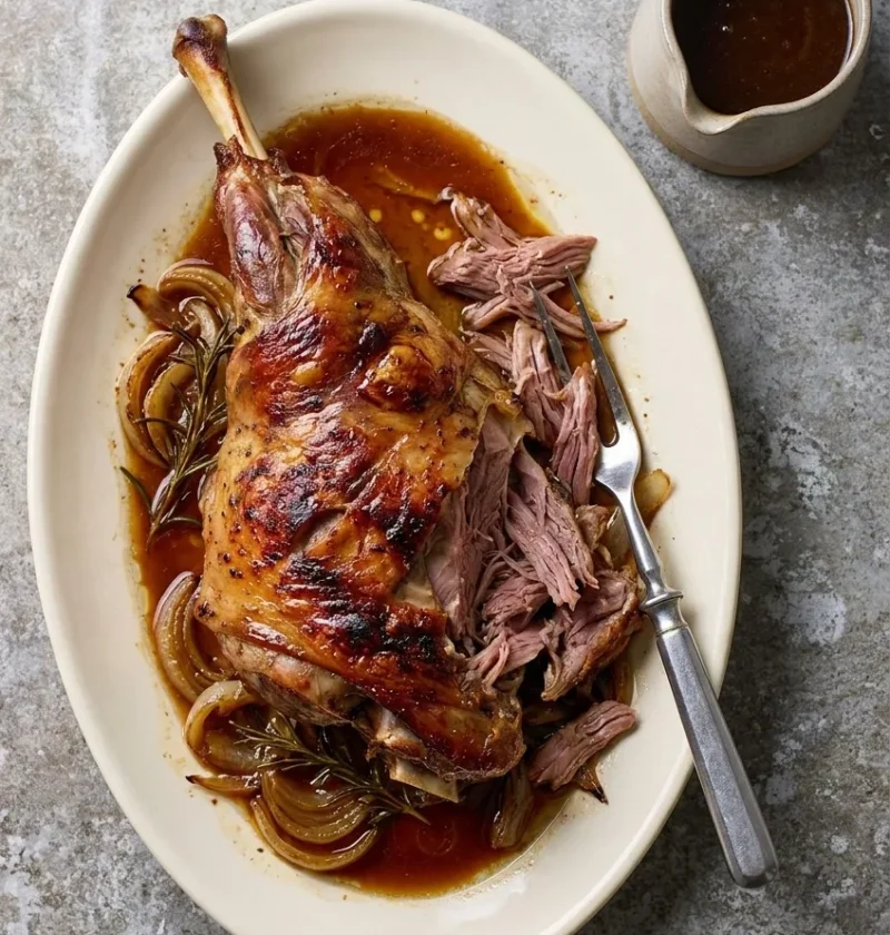 Slow roast leg of lamb with crispy skin and pulled meat on a platter with onions, rosemary and gravy