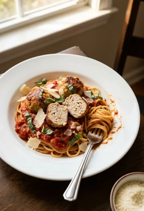 Spaghetti and meatballs in a white bowl with one meatball cut in half showing pine nuts inside