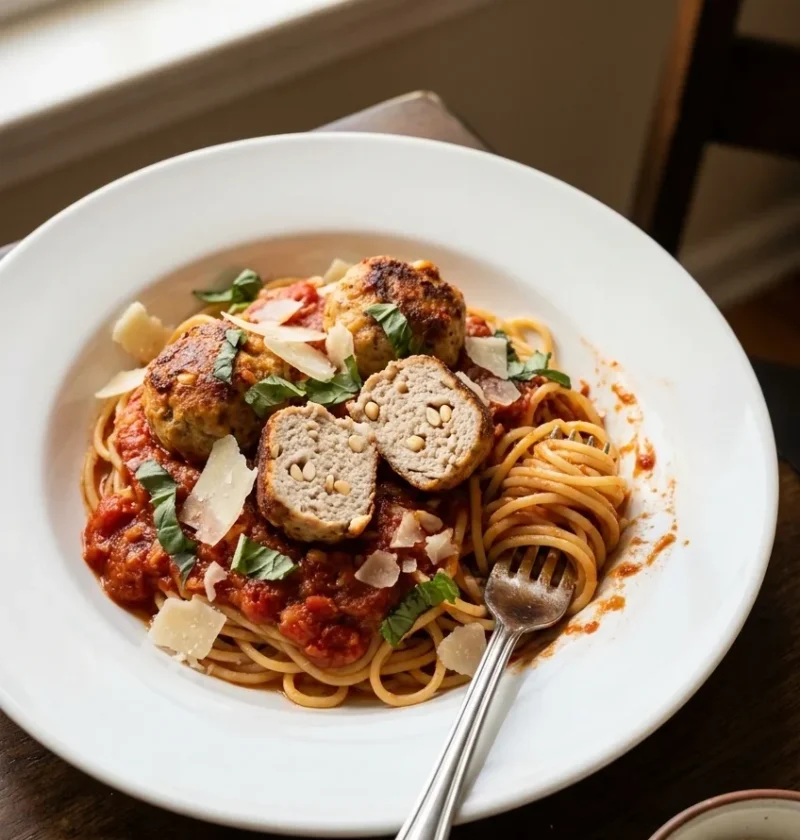 Spaghetti and meatballs in a white bowl with one meatball cut in half showing pine nuts inside