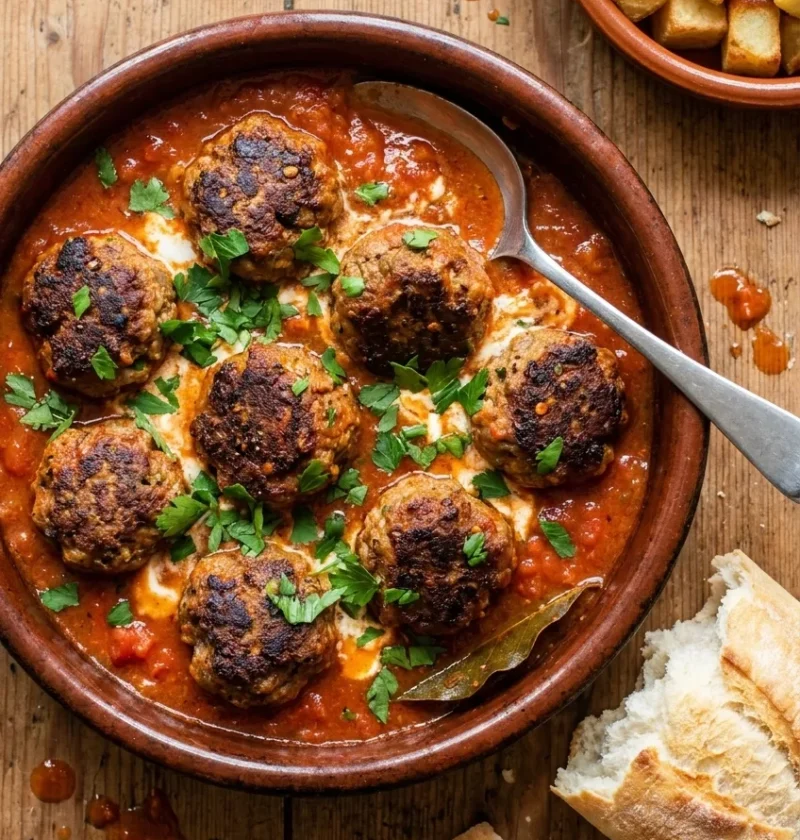 Spanish lamb meatballs in spicy tomato sauce with yoghurt swirl parsley and patatas bravas in terracotta dish