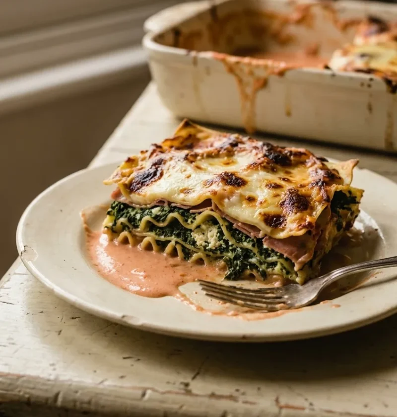 Spinach and ricotta lasagne with Parma ham and creamy passata sauce on a cream plate