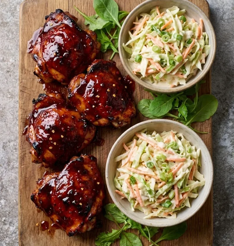 Hairy Bikers sticky chicken thighs with honey chilli glaze and coleslaw
