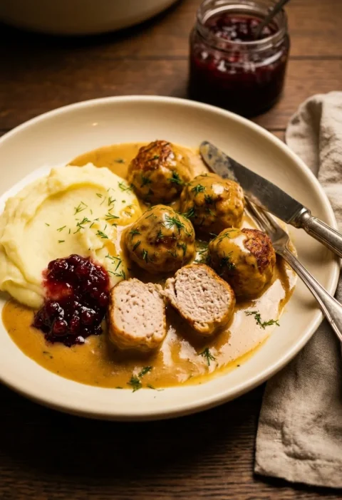 Swedish meatballs in golden brown cream gravy with mashed potato lingonberry jam and dill on a cream plate