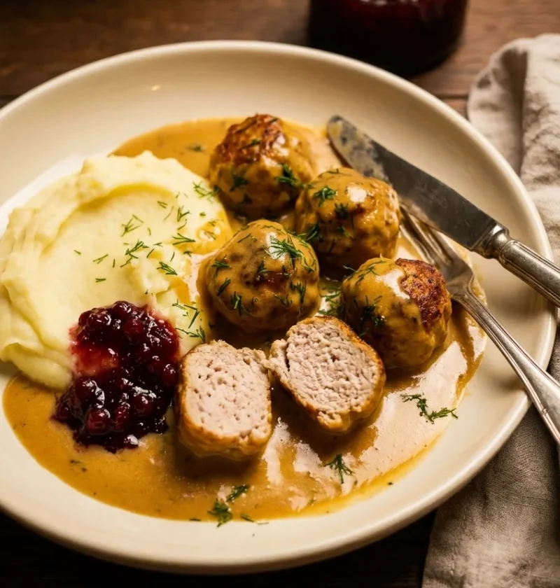 Swedish meatballs in golden brown cream gravy with mashed potato lingonberry jam and dill on a cream plate