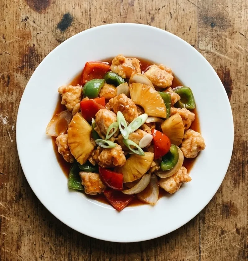 Sweet and sour chicken with peppers and pineapple in a glossy sauce on a white plate