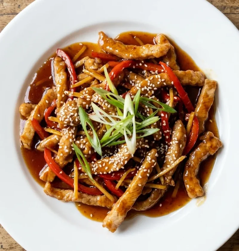 Sweet and sour pork strips with red pepper and ginger in a dark glossy sauce topped with sesame seeds