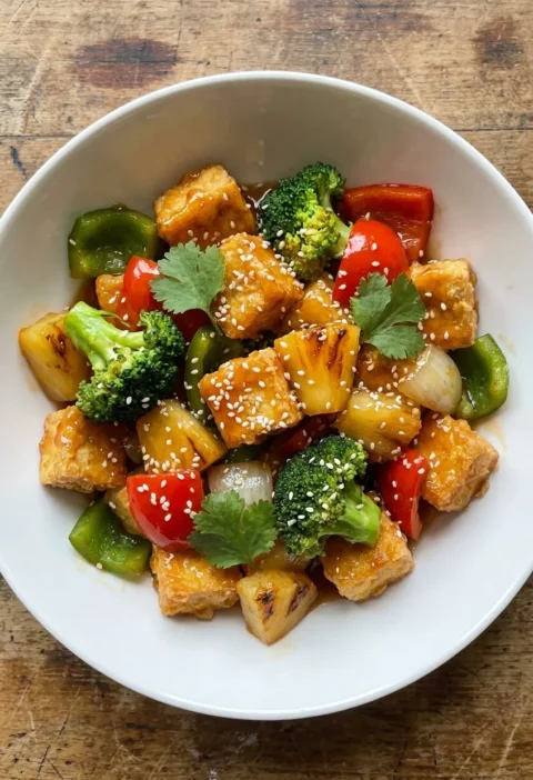 Sweet and sour tofu with broccoli peppers and pineapple in an amber sauce topped with sesame seeds and coriander