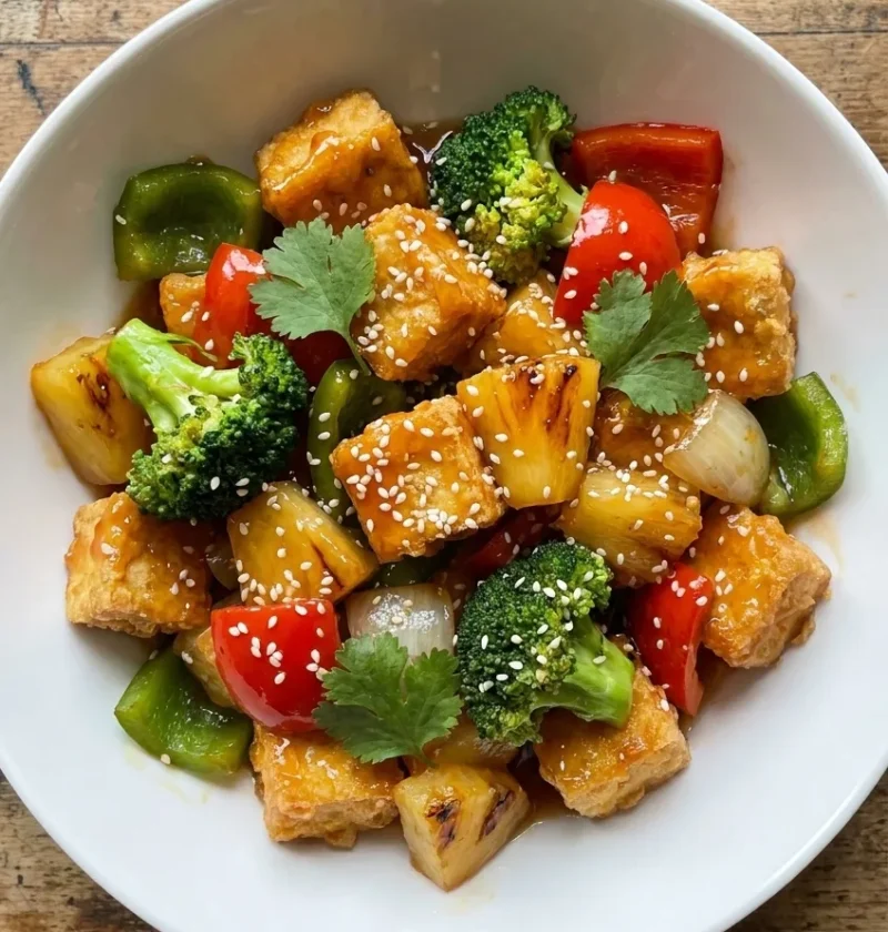 Sweet and sour tofu with broccoli peppers and pineapple in an amber sauce topped with sesame seeds and coriander