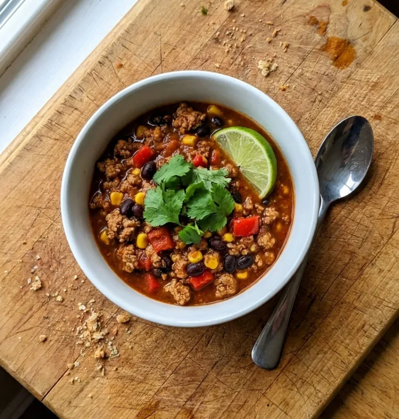 Hairy Bikers turkey chilli with black beans, sweetcorn, red pepper, and chipotle in a white bowl