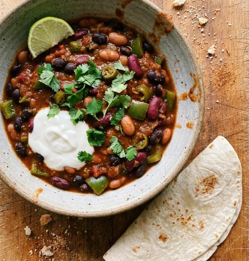 Hairy Bikers vegetarian chilli with three types of beans, jalapeños, and chipotle in a stoneware bowl